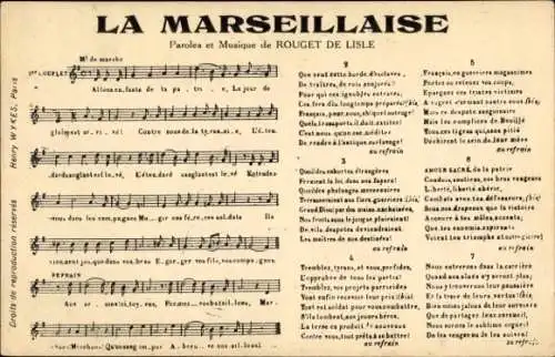 Lied Ak La Marseillaise, Text und Musik von Rouget de l'Isle