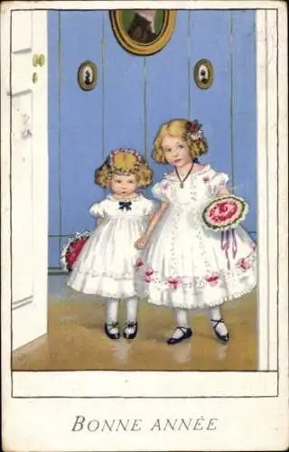 Künstler Ak Döring, L., Glückwunsch Neujahr, Zwei Mädchen, Blumenstrauß