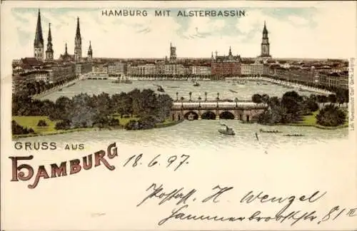 Litho Hamburg Mitte Altstadt, Panorama mit Alsterbassin