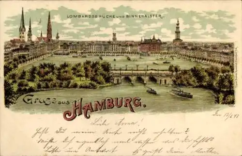 Litho Hamburg Mitte Altstadt, Lombardsbrücke und Binnenalster