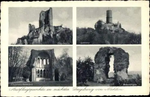 Ak Mehlem Bad Godesberg Bonn am Rhein, Godesburg, Drachenfels, Rolandsbogen, Ruine Heisterbach