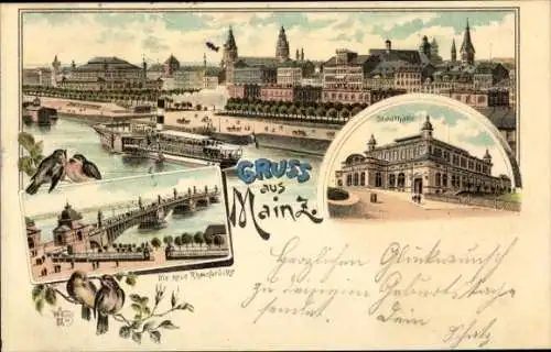 Litho Mainz am Rhein, Gesamtansicht, neue Rheinbrücke, Stadthalle