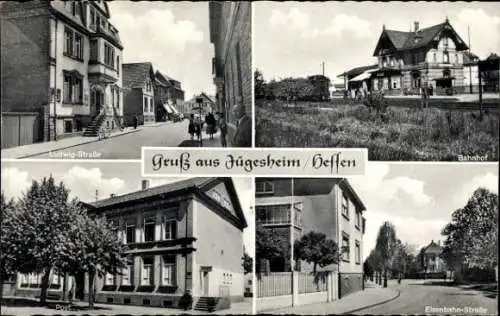 Ak Jügesheim Rodgau in Hessen, Ludwig-Straße, Bahnhof, Post, Eisenbahn-Straße