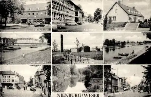Ak Nienburg an der Weser, Bahnhof, Kreishaus, Jugendherberge, Brücke, Kirche, Stadtgraben