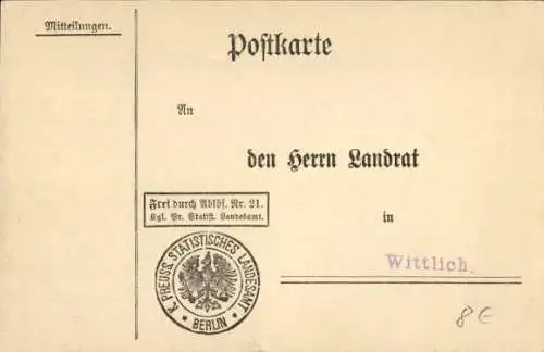 Ak Wittlich in der Eifel, Mitteilung an Landrat, Aufzählung zurückzuschickende Getreide und Gräser