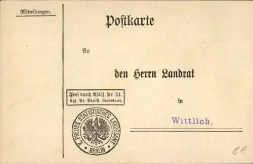 Ak Wittlich in der Eifel, Mitteilung an Landrat, Aufzählung zurückzuschickende Getreide und Gräser