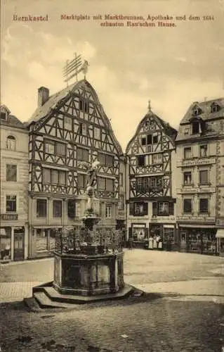 Ak Bernkastel Kues an der Mosel, Marktplatz, Marktbrunnen, Apotheke, Rausches Haus