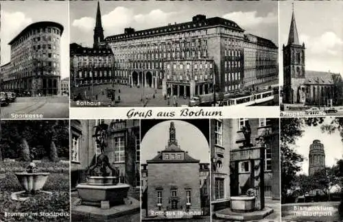 Ak Bochum im Ruhrgebiet, Sparkasse, Rathaus, Propsteikirche, Brunnen im Stadtpark, Bismarckturm