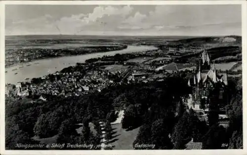 Ak Königswinter am Rhein, Drachenfels, Drachenburg, jenseits Godesburg