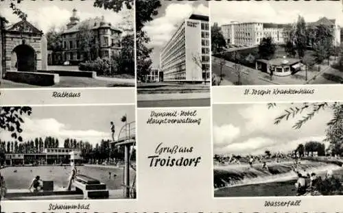 Ak Troisdorf an der Sieg, Rathaus, St. Joseph Krankenhaus, Schwimmbad, Wasserfall