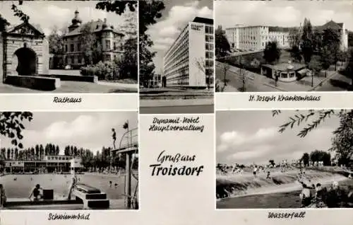 Ak Troisdorf an der Sieg, Rathaus, St. Joseph Krankenhaus, Schwimmbad, Wasserfall