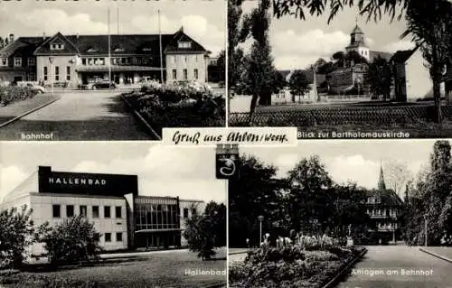 Ak Ahlen im westfälischen Münsterland, Hallenbad, Bahnhof, Bartholomäuskirche