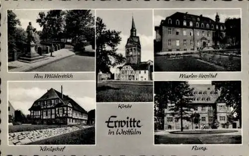 Ak Erwitte in Westfalen, Am Mühlenteich, Königshof, Kirche, Marien Hospital, Burg