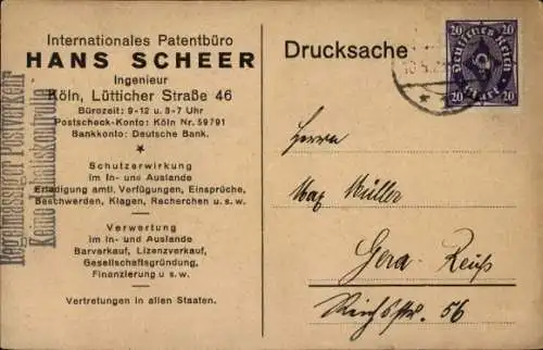 Ak Köln am Rhein, Internationales Patentbüro Hans Scheer, Schutzerwirkung, Amtl. Verfügungen