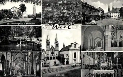 Ak Werl in Westfalen, Bahnhofsvorplatz mit Ehrenmal, Basilika, Markt, Teich