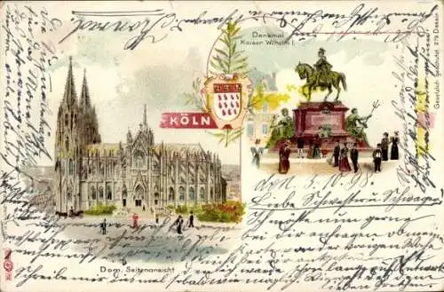Litho Köln am Rhein, Dom, Seitenansicht, Denkmal Kaiser Wilhelm I.