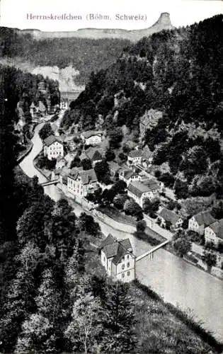 Ak Hřensko Herrnskretschen Elbe Reg. Aussig, Zirkelstein, Fluss, Siedlung