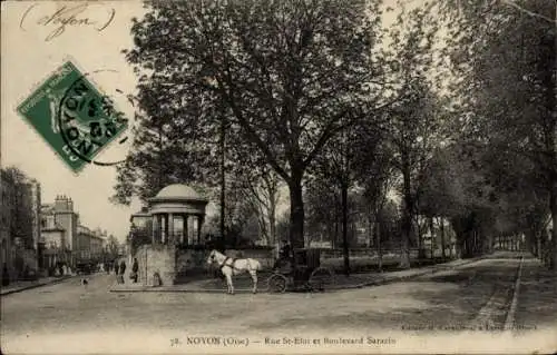 Ak Noyon Oise, Rue St. Eloi, Boulevard Sarazin, Kutsche