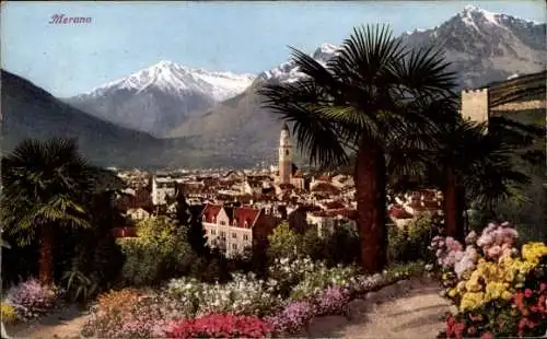 Ak Merano Trentino Italien, Panoramaansicht im Sommer, Palme, Blumen