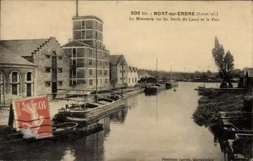 Ak Nort sur Erdre Loire Atlantique, Mühle am Ufer des Kanals, Hafen