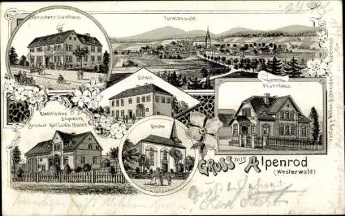 Litho Alpenrod im Westerwald, Pfarrhaus, Schule, Elektrisches Sägewerk, Schneider's Gasthaus