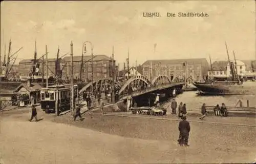 Ak Liepaja Libau Lettland, Stadtbrücke, Straßenbahn