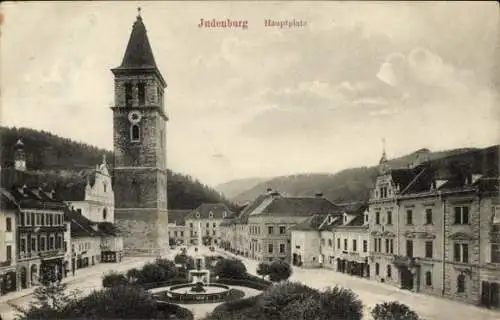 Ak Judenburg Steiermark, Hauptplatz, Turm, Springbrunnen