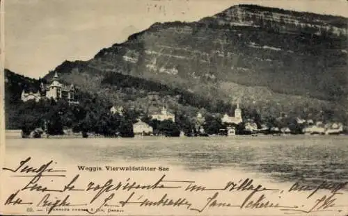 Ak Weggis Kanton Luzern Schweiz, Blick vom Vierwaldstätter See auf die Stadt, Kirche