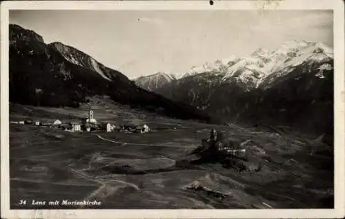 Ak Lenz Lantsch Kanton Graubünden, Gesamtansicht mit Marienkirche, Gebirge