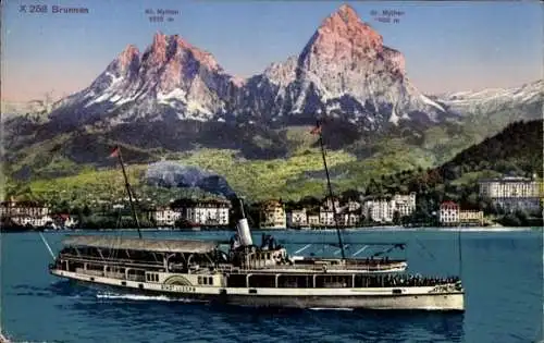 Ak Brunnen Kt Schwyz, Kl. Mythen, Gr. Mythen, Dampfer