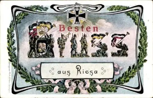 Jugendstil Ak Riesa an der Elbe Sachsen, Waffenbrüderchaft, I. WK, Besten Gruß