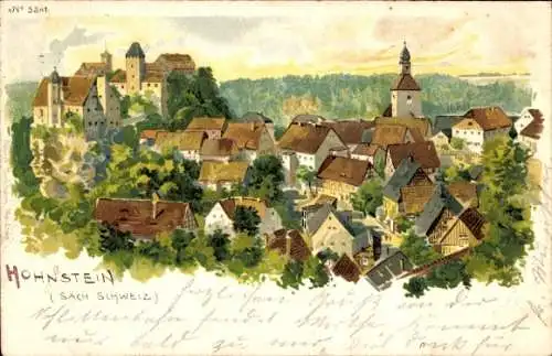 Litho Hohnstein in der Sächsischen Schweiz, Totalansicht der Ortschaft