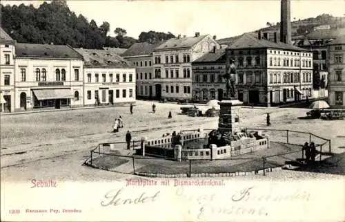 Ak Sebnitz Sächsische Schweiz, Marktplatz, Bismarckdenkmal