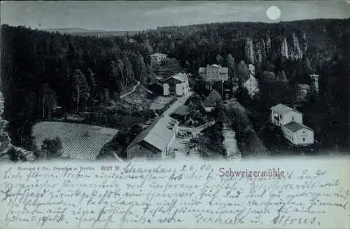 Mondschein Ak Schweizermühle Rosenthal Bielatal Sächsische Schweiz, Panorama vom Ort