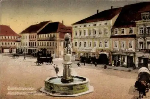 Ak Bischofswerda in Sachsen, Marktplatz, Paradiesbrunnen, Hotel goldene Sonne