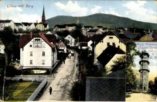 Ak Löbau in Sachsen, Teilansicht mit Berg, König Friedrich August Turm