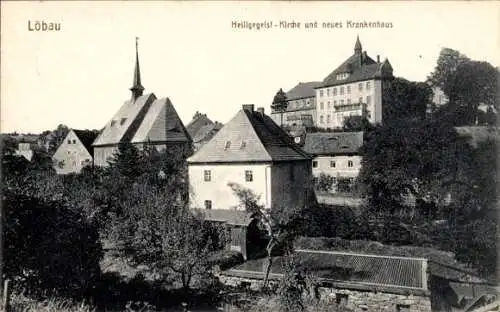 Ak Löbau in der Oberlausitz Sachsen, Heilig-Geist-Kirche, neues Krankenhaus