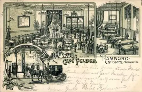 Litho Hamburg Mitte St. Georg, Cafe Felber, Steindamm, Innenansicht, Billard, Kutsche