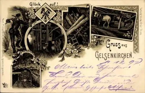 Litho Gelsenkirchen im Ruhrgebiet, Glück auf, Bergmann, Pferd im Stollen, Bergbau