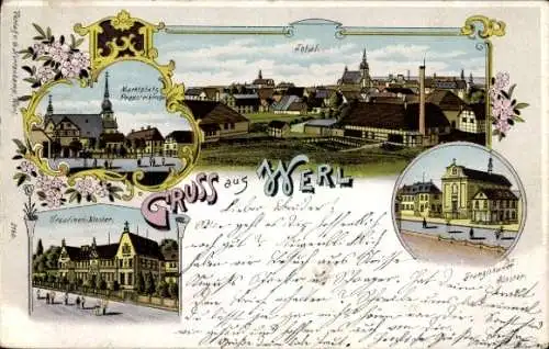 Litho Werl in Westfalen, Franziskaner Kloster, Marktplatz, Totalansicht