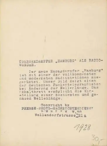 Foto Dampfer Hamburg, HAPAG, Radiostation, 1928
