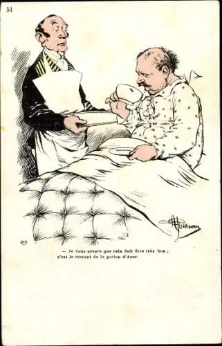 Künstler Ak Guillaume, Albert, Butler bedient Mann im Bett