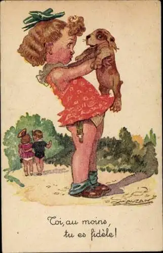 Künstler Ak Mauzan, Mädchen mit Hundewelpen