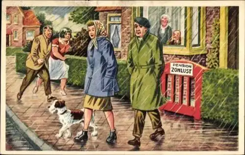 Künstler Ak Paar geht im Regen mit Hund spazieren, Terrier, Pension Zonlust