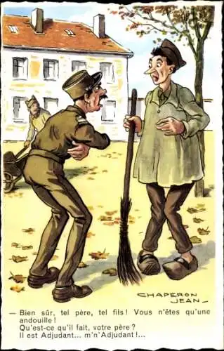 Künstler Ak Chaperon, Jean, Soldat fegt Herbstlaub, Offizier schimpft