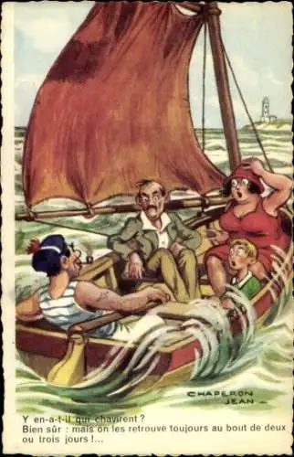 Künstler Ak Chaperon, Jean, Familie im Segelboot, Matrose