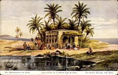 Künstler Ak Perlberg, F., Suez Ägypten, Die Mosesquellen, les sources de la Moise, Palmen, Kamel