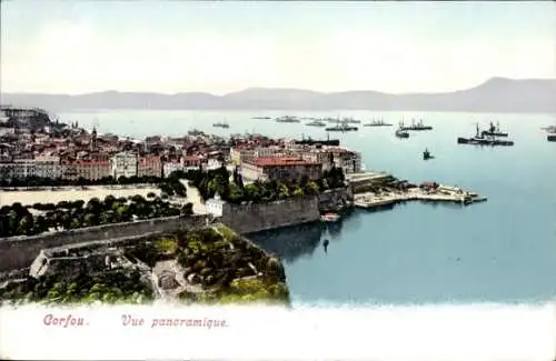 Ak Korfu Griechenland, Vue panoramique, Blick auf den Ort, Hafen, Kriegsschiffe