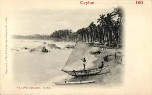 Ak Ceylon Sri Lanka, Fischerboot am Strand, Katamaran