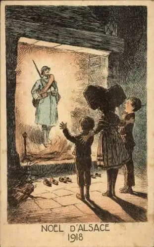 Ak Weihnachten 1918, Elsass, Soldatenerscheinung im Kaminfeuer, Kinder in Tracht